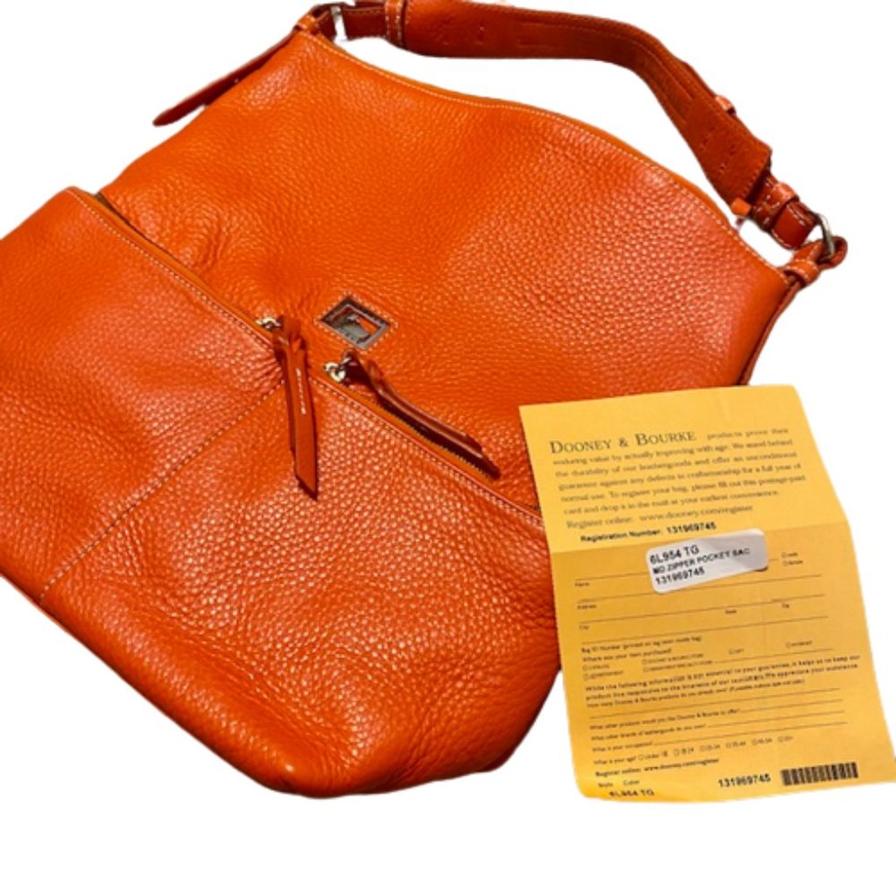 Dooney & Bourke Dillen Medium Two Pocket  Orange Pebbled Leather Shoulder Bag - Picture 5 of 8